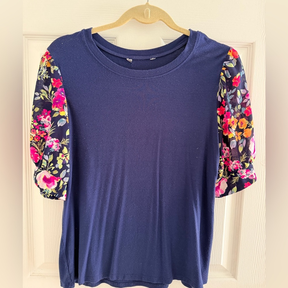 Floral Sleeve Navy Top